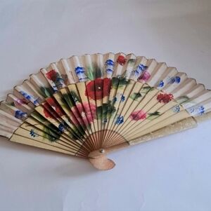 Vintage Asian Paper Fabric Wood Hand Painted Flowers Decorative Display Fan